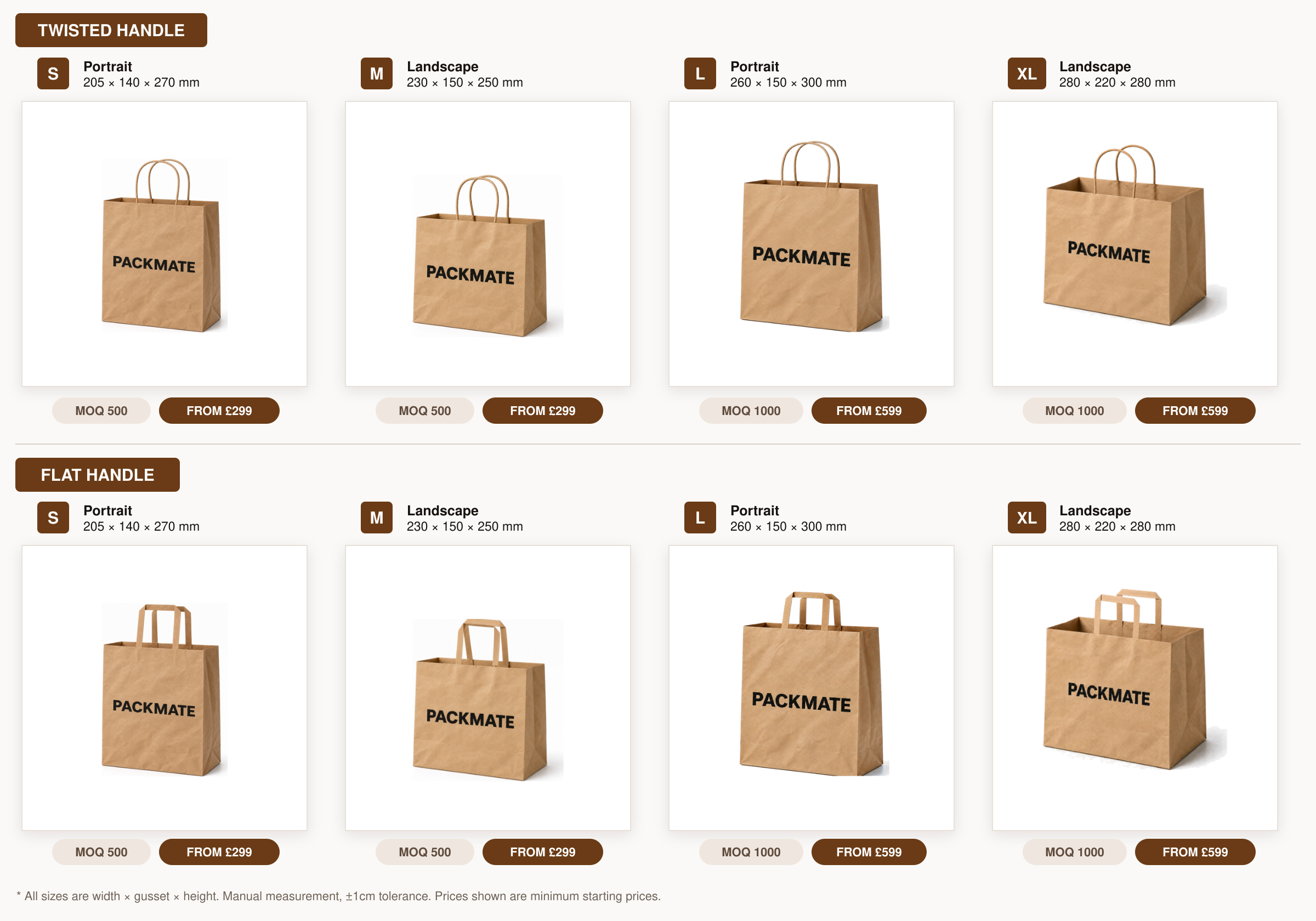 PACKMATES S M L and XL paper bag sizes with MOQ and starting prices